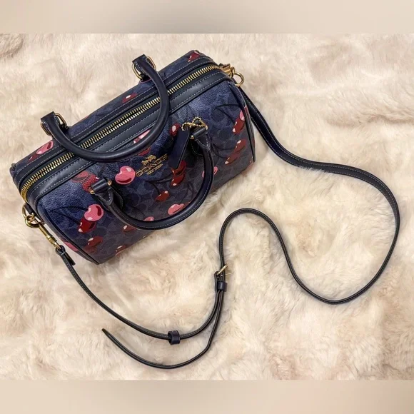 Coach Rowan Satchel Bag Crossbody Signature Canvas Cherry Print Denim - Picture 3 of 5